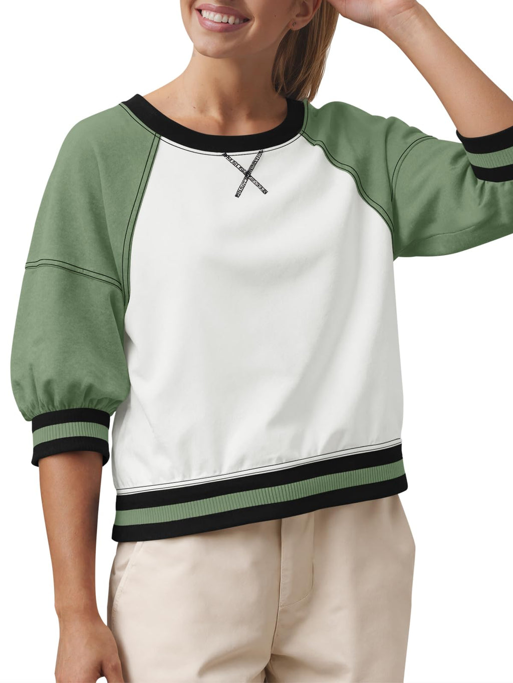 Fisoew Womens Crewneck Sweatshirt Ribbed Raglan Half Sleeve Pullover Tops Color Block Loose Fit Sweatshirts