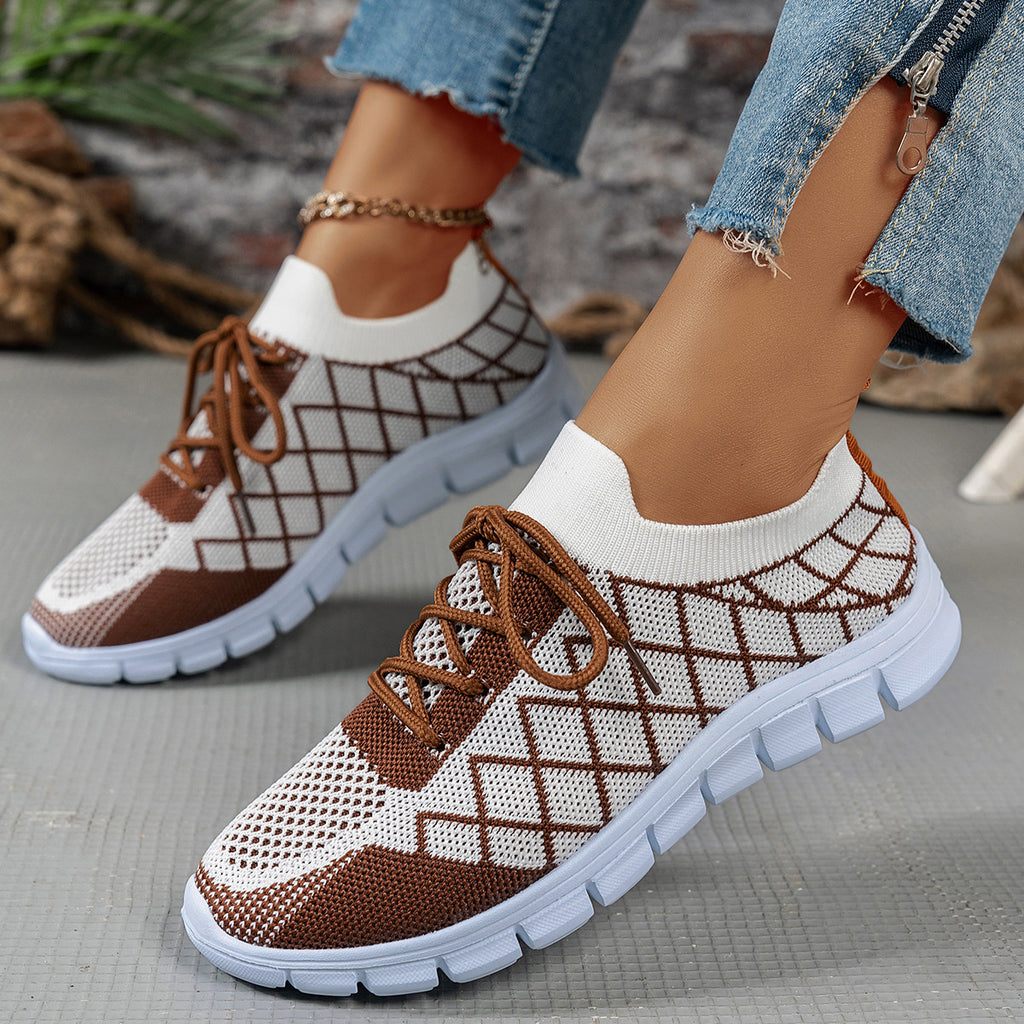 Colorblock Plaid Lace-Up Flyknit Sneakers Ins Mesh Casual Shoes Fashion Breathable Walking Running Sports Shoes For Women