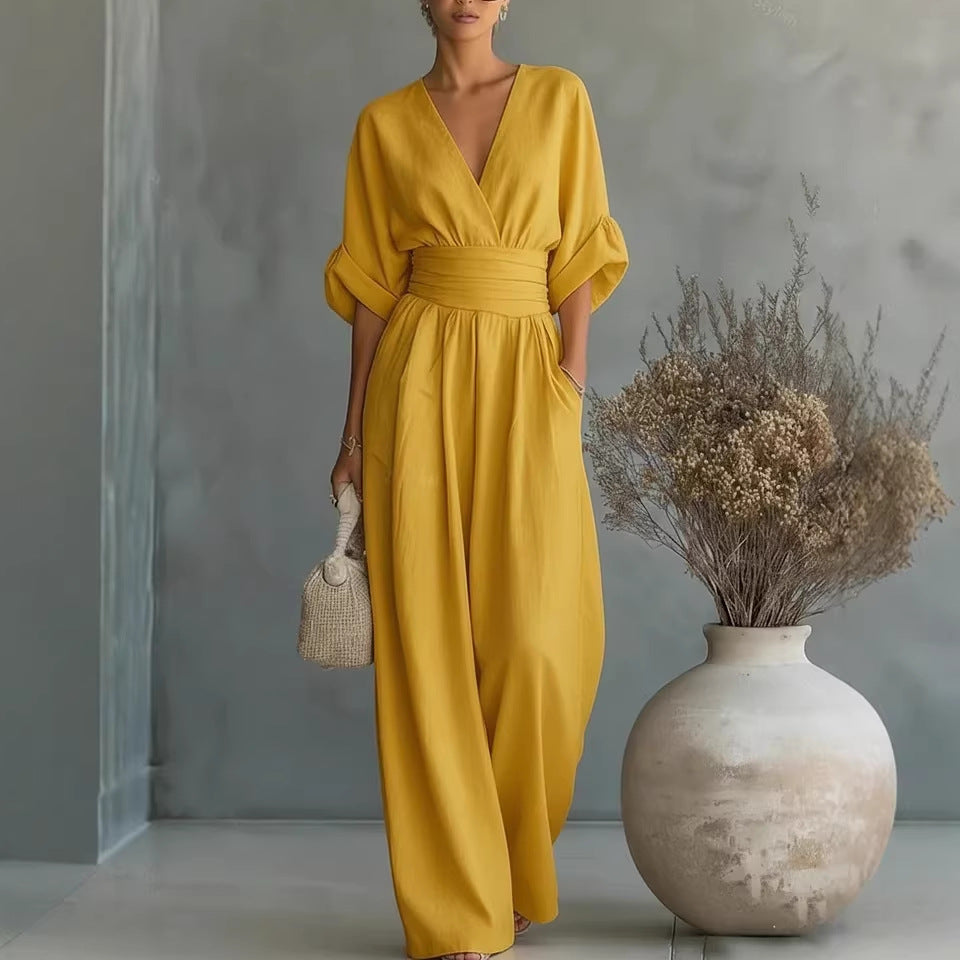 Waist-cinching V-neck Elegant Womens Jumpsuit