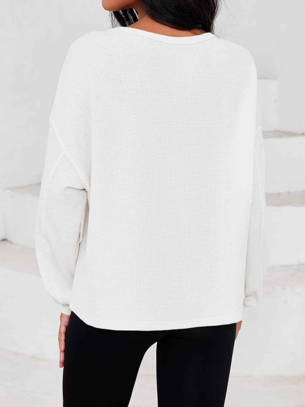 Fisoew Womens Cropped Sweatshirt Casual Waffle Knit Button V Neck Long Sleeve Loose Fit Fall Crop Tops