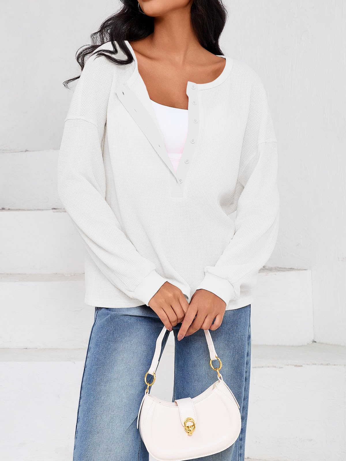 Fisoew Womens Cropped Sweatshirt Casual Waffle Knit Button V Neck Long Sleeve Loose Fit Fall Crop Tops