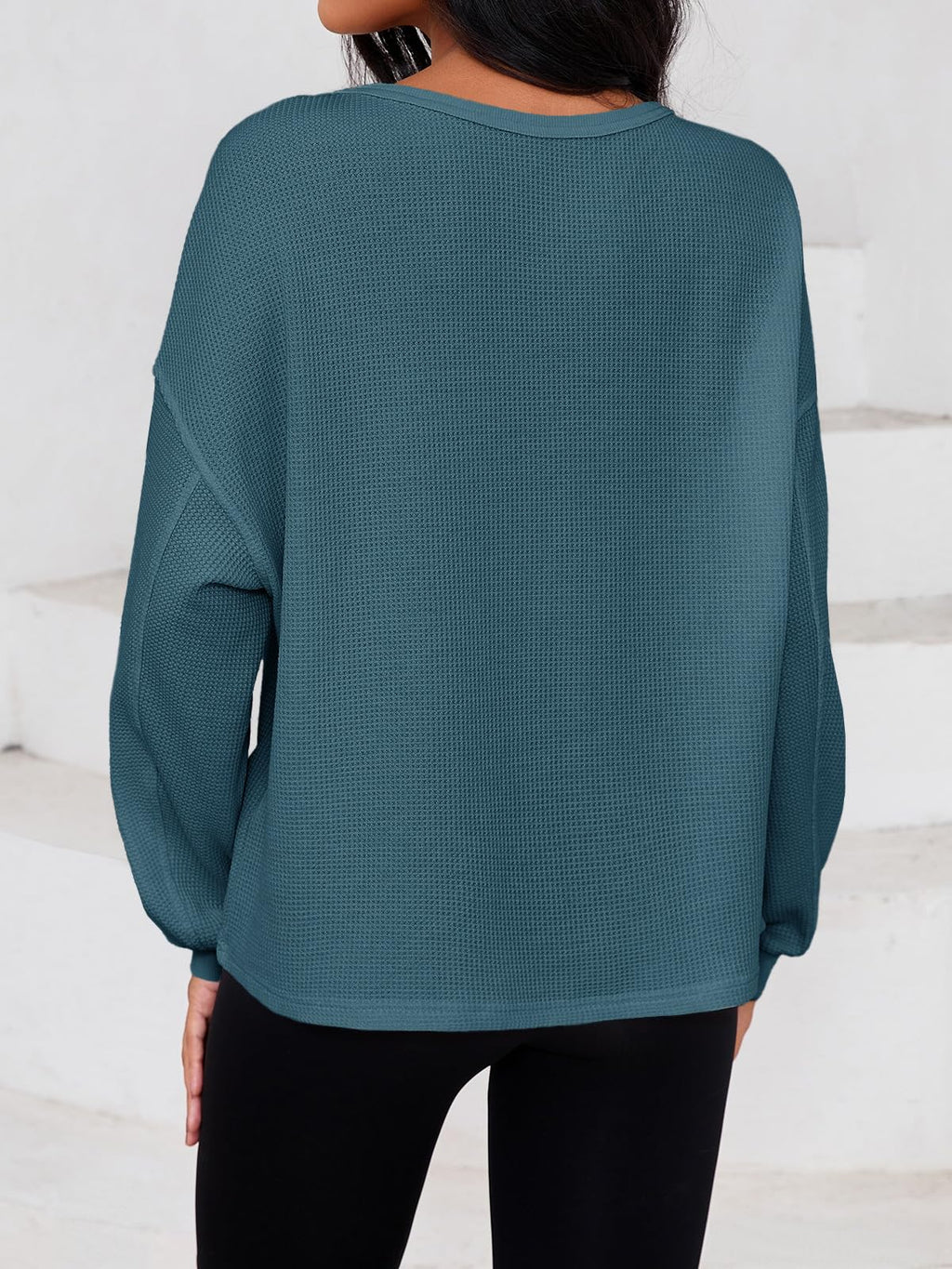 Fisoew Womens Cropped Sweatshirt Casual Waffle Knit Button V Neck Long Sleeve Loose Fit Fall Crop Tops