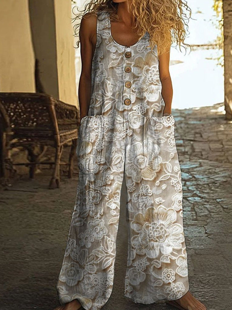 Womens Sleeveless Loose Pocketed Jumpsuit