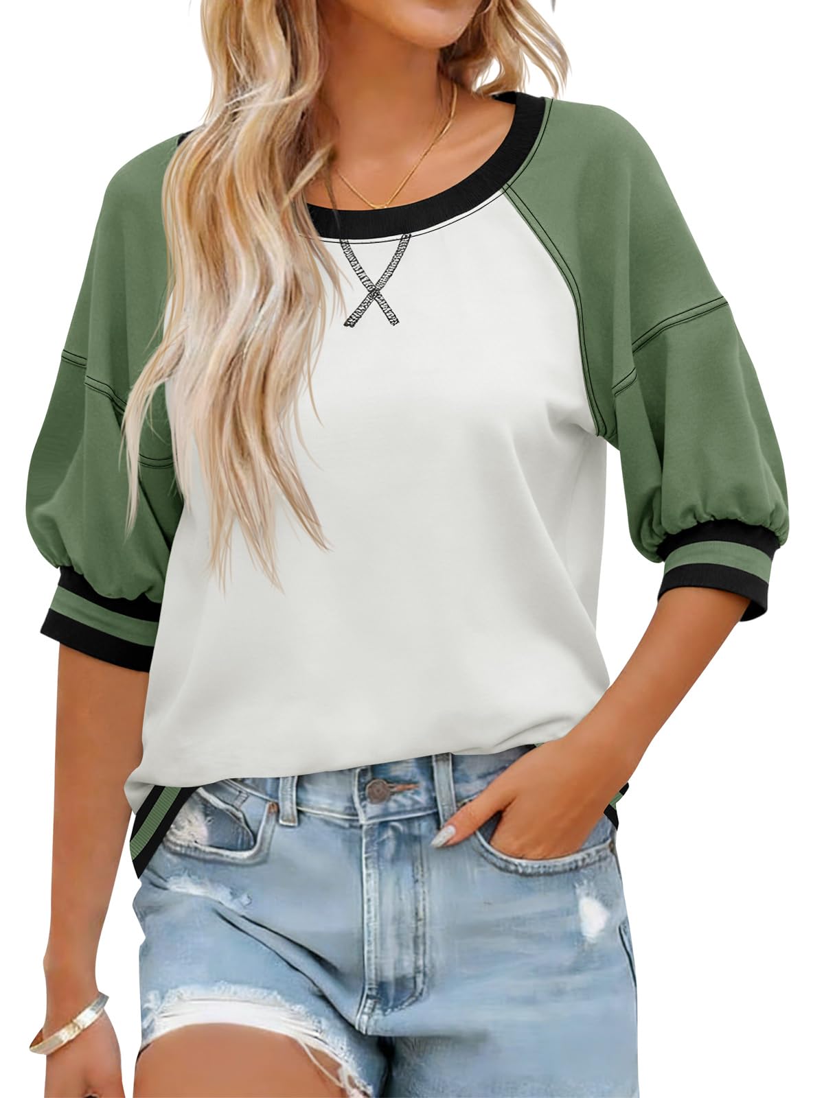 Fisoew Womens Crewneck Sweatshirt Ribbed Raglan Half Sleeve Pullover Tops Color Block Loose Fit Sweatshirts