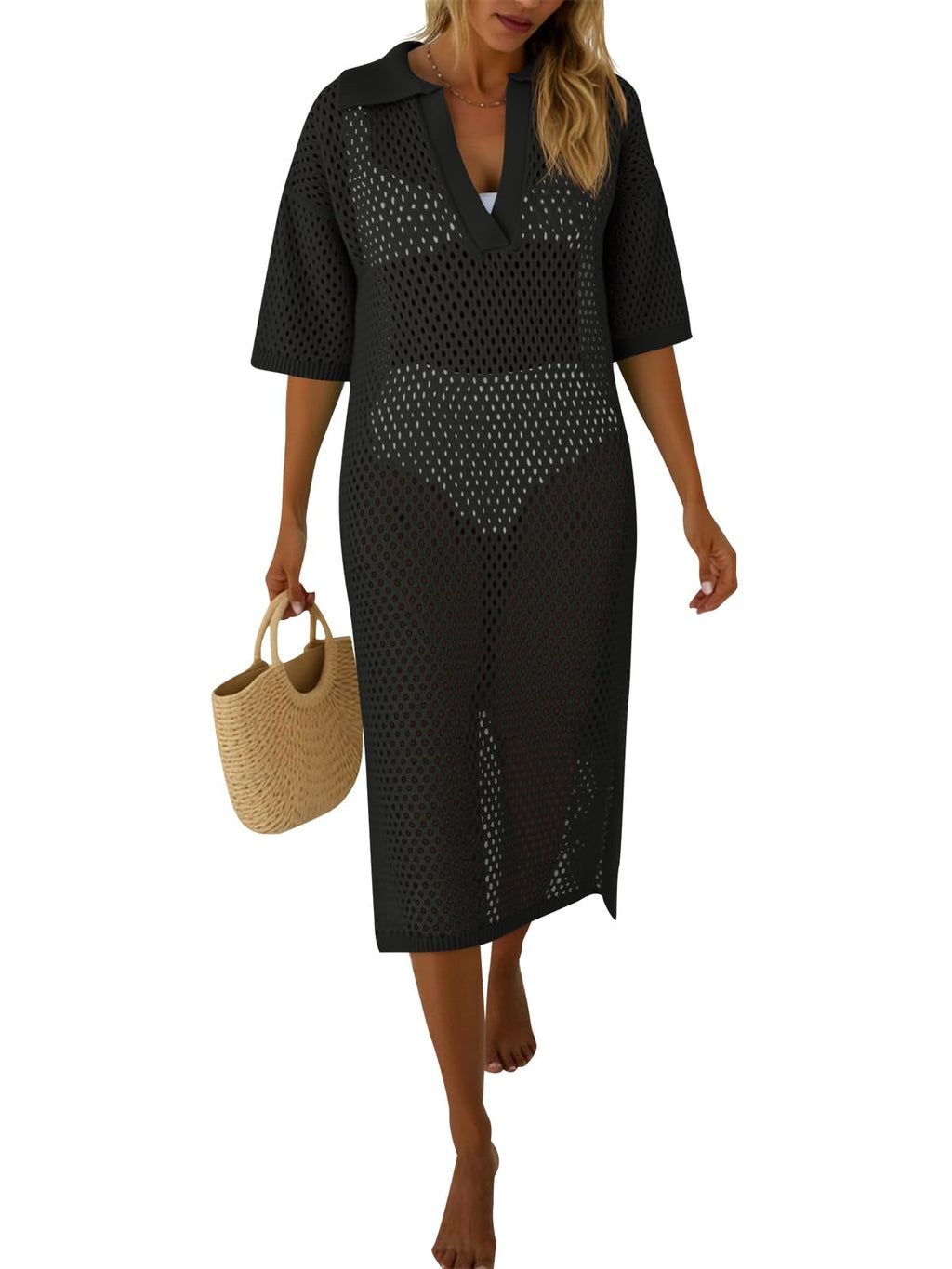 Fisoew Womens Crochet Swimsuit Coverup Summer Hollow Out Short Sleeve V Neck Bikini Coverups Vacation Beach Maxi Dress