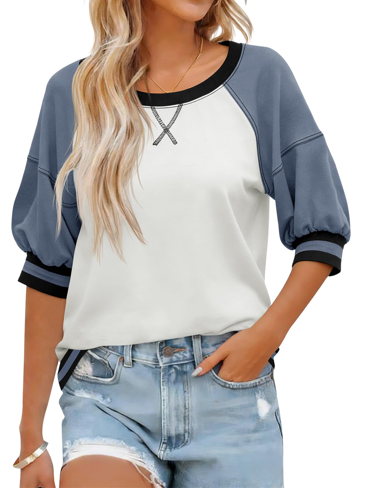 Fisoew Womens Crewneck Sweatshirt Ribbed Raglan Half Sleeve Pullover Tops Color Block Loose Fit Sweatshirts