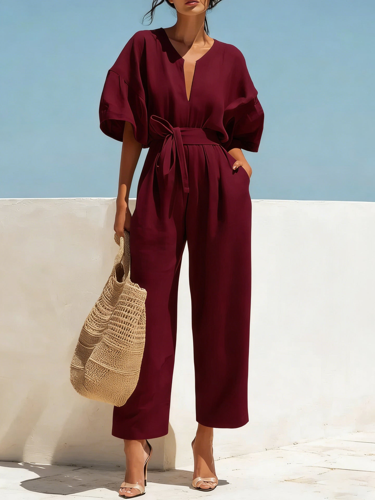 Fashionable V-Neck Solid Color Cotton-Linen Jumpsuit For Women