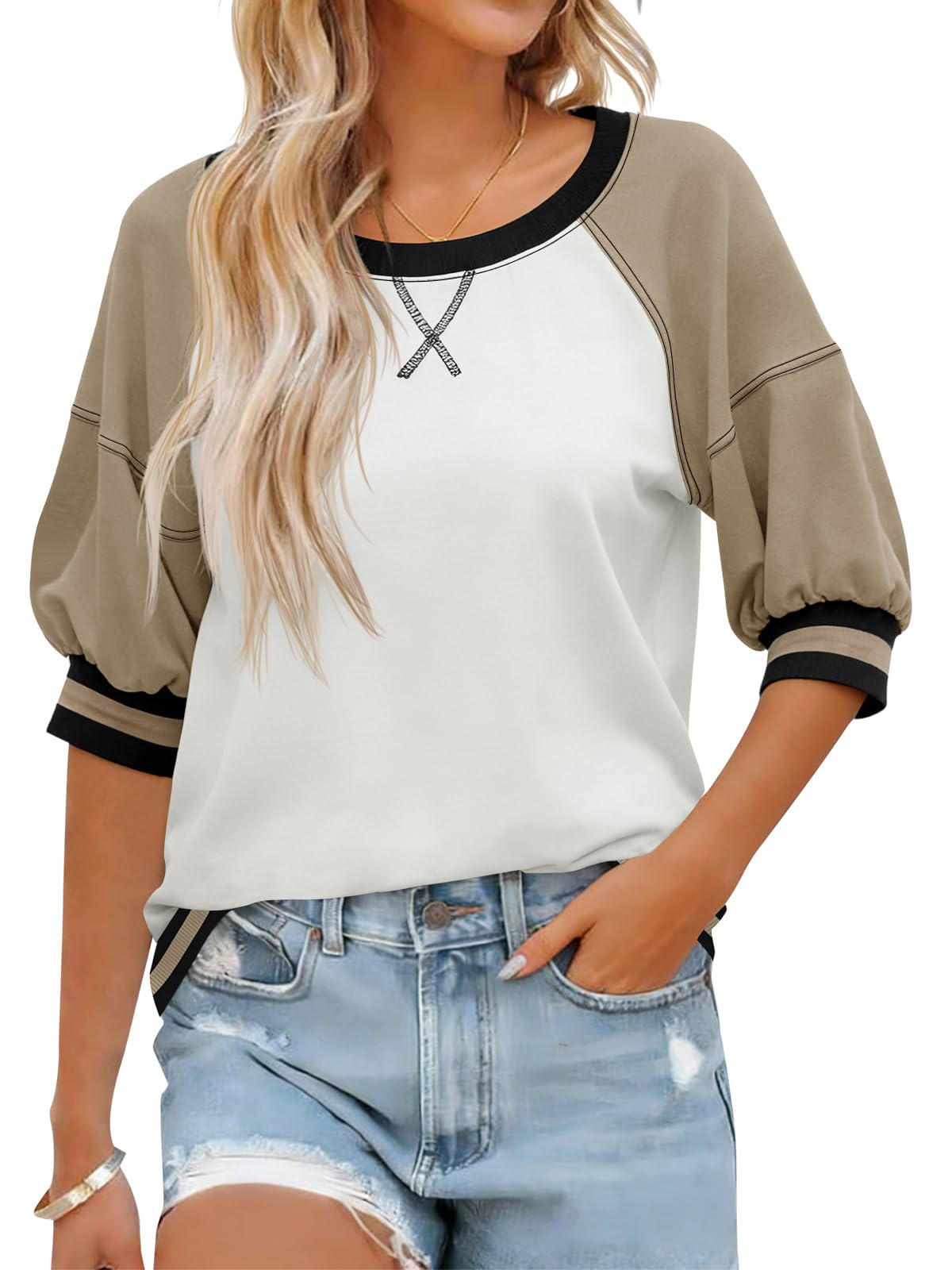 Fisoew Womens Crewneck Sweatshirt Ribbed Raglan Half Sleeve Pullover Tops Color Block Loose Fit Sweatshirts