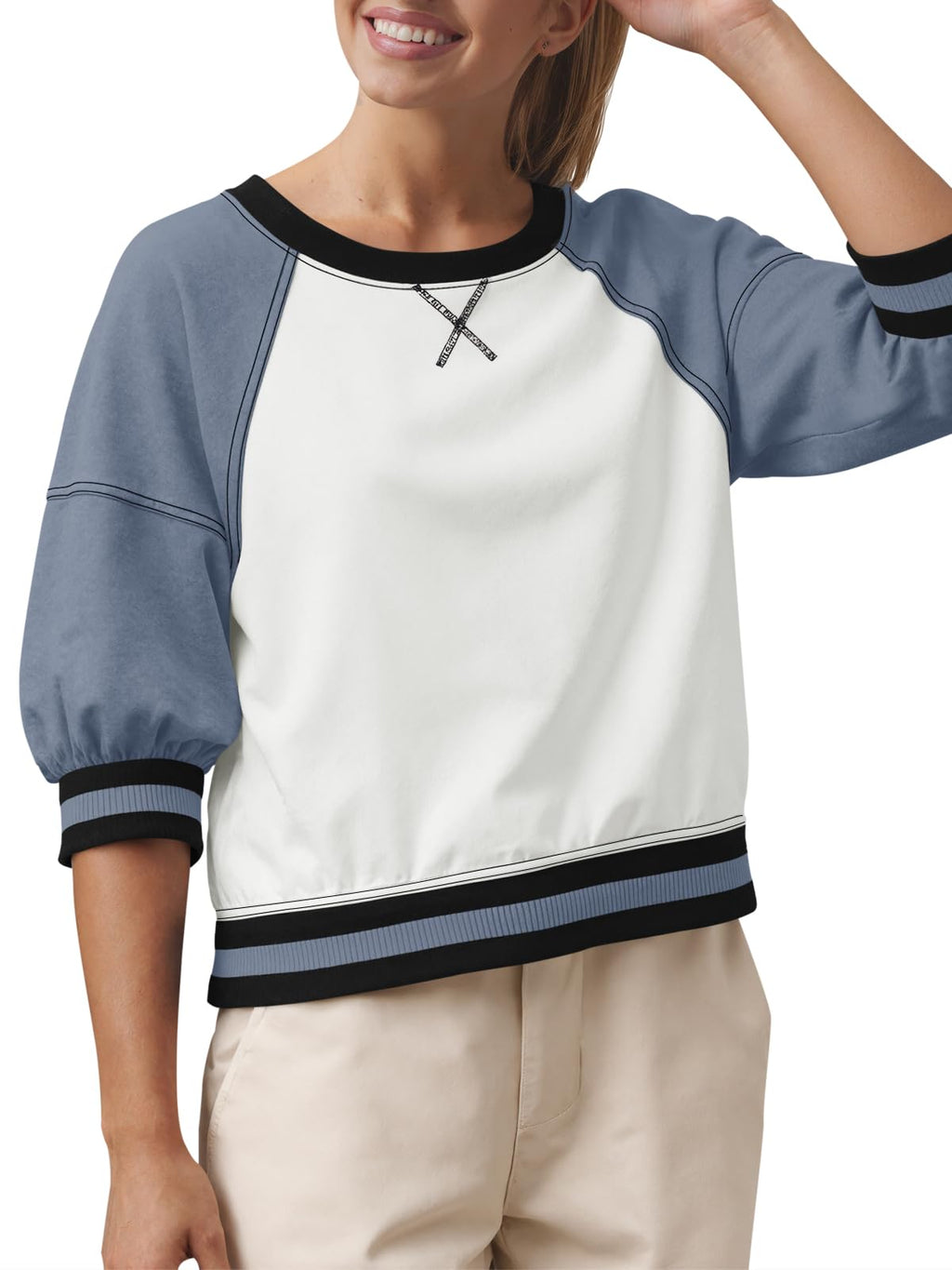 Fisoew Womens Crewneck Sweatshirt Ribbed Raglan Half Sleeve Pullover Tops Color Block Loose Fit Sweatshirts