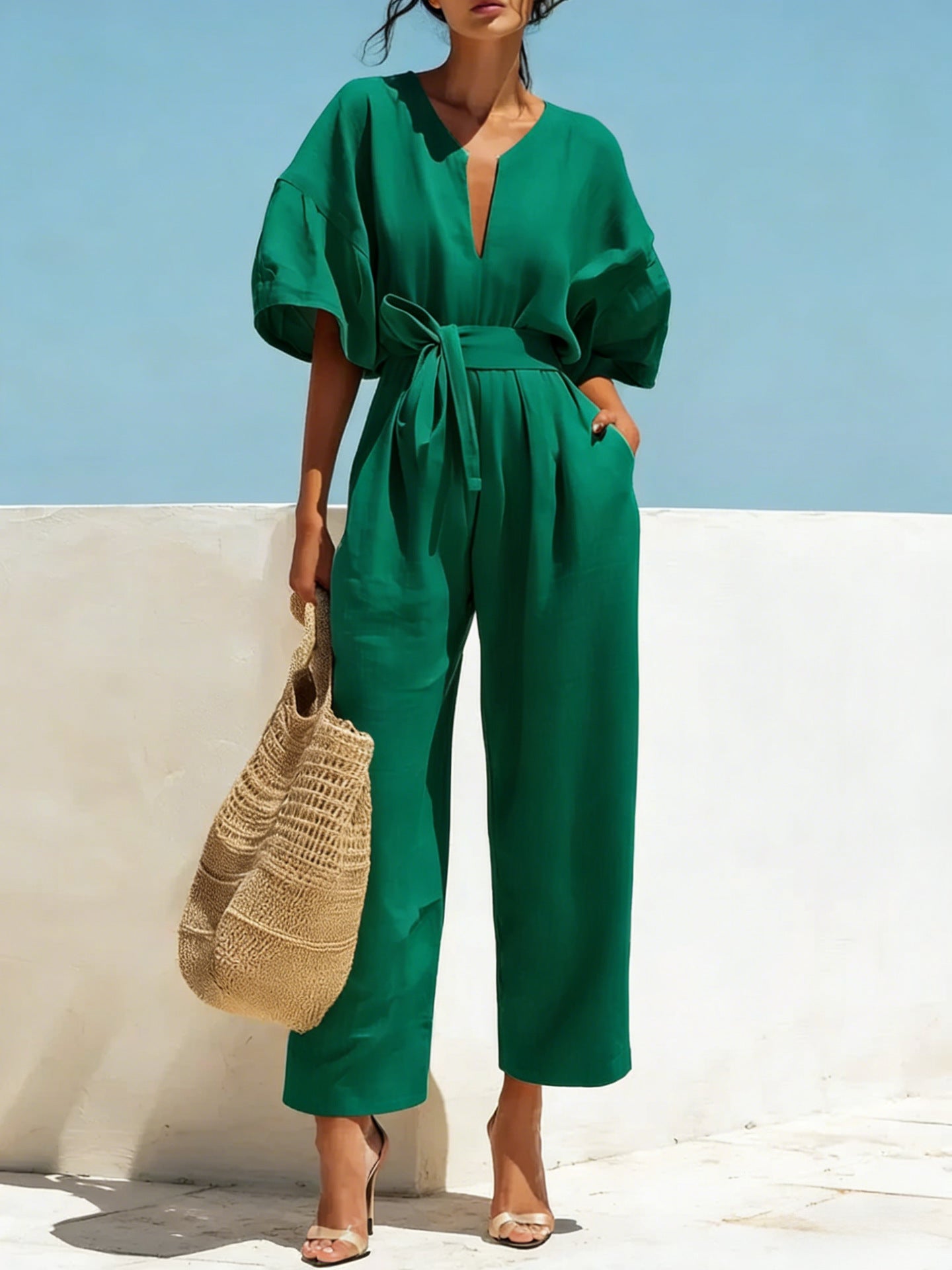 Fashionable V-Neck Solid Color Cotton-Linen Jumpsuit For Women