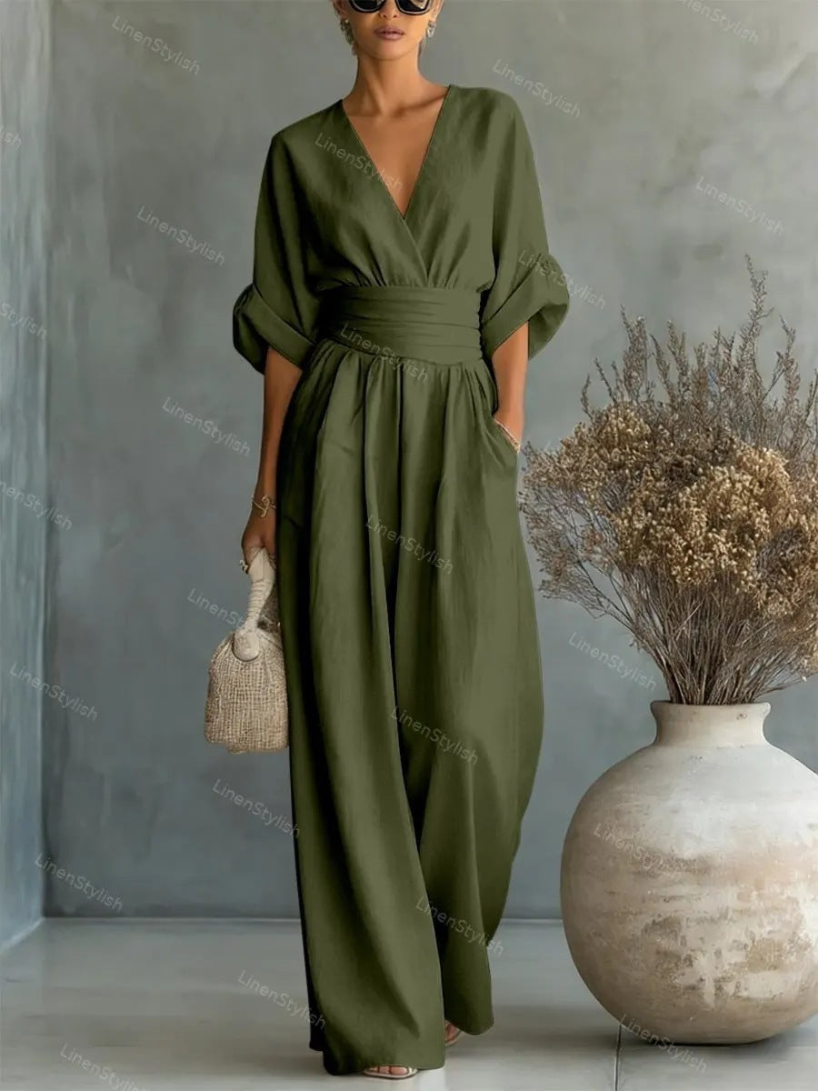 Waist-cinching V-neck Elegant Womens Jumpsuit