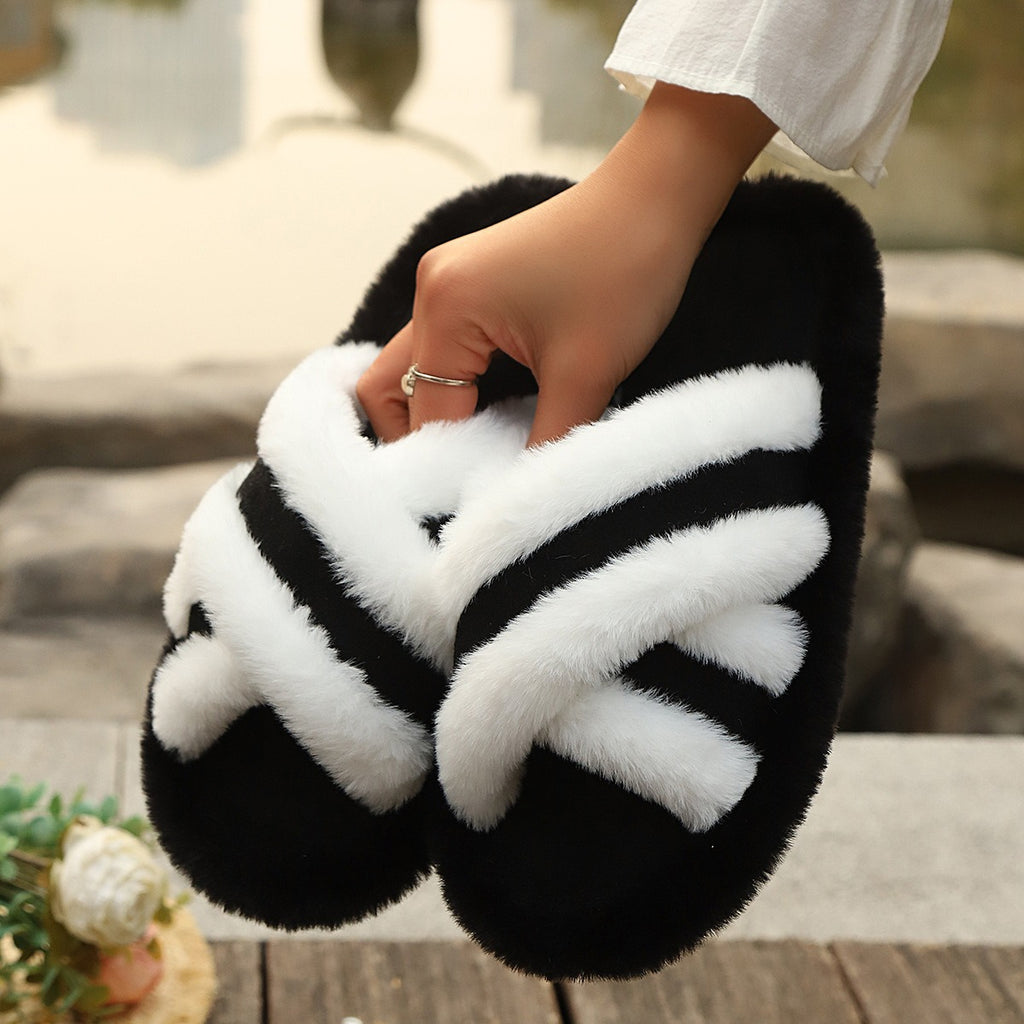 Fluffy Slippers Cross Strap Stitching Warm Casual Platform Slippers