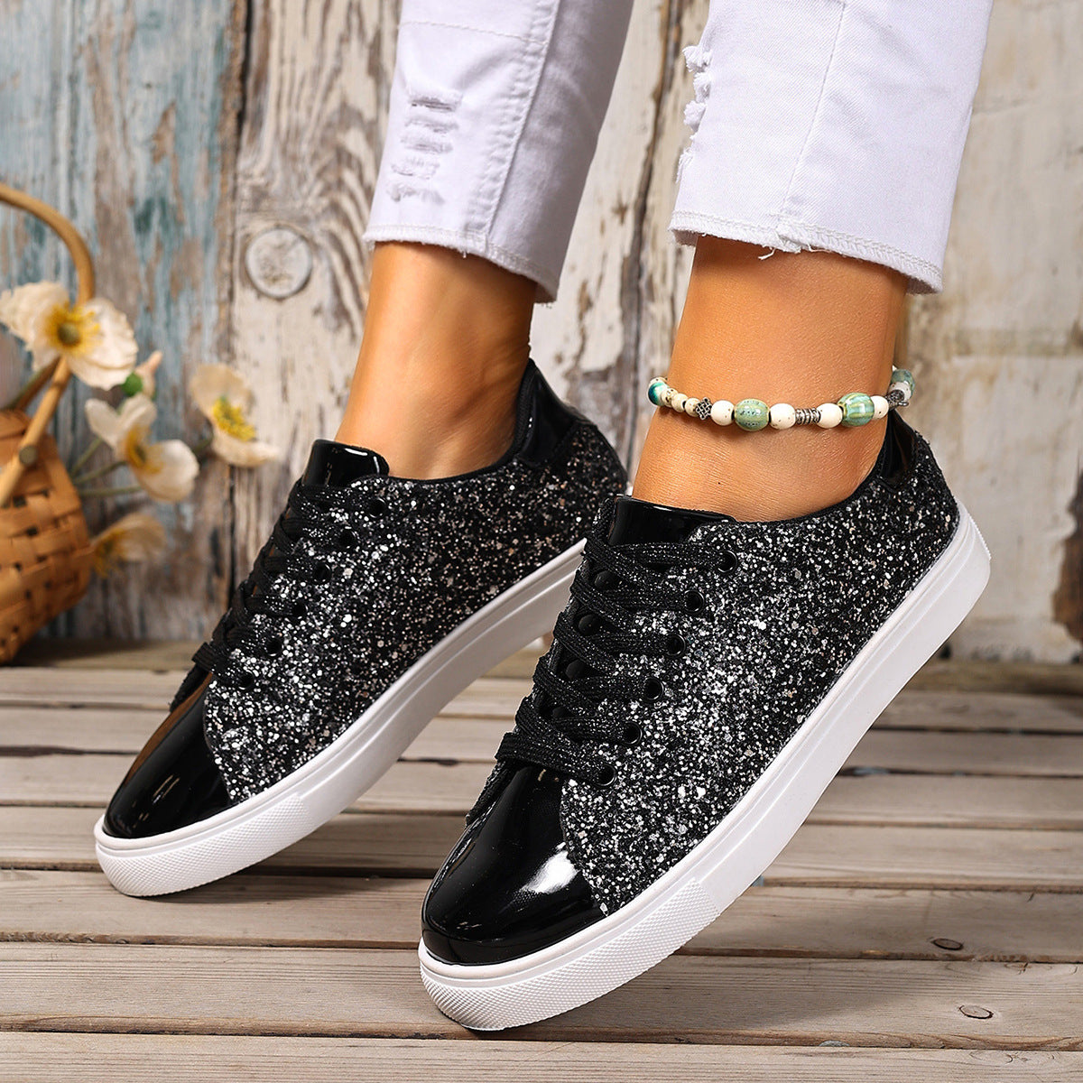 Plus Size Sequined Front Lace-up Solid Color Plus Size Board Shoes