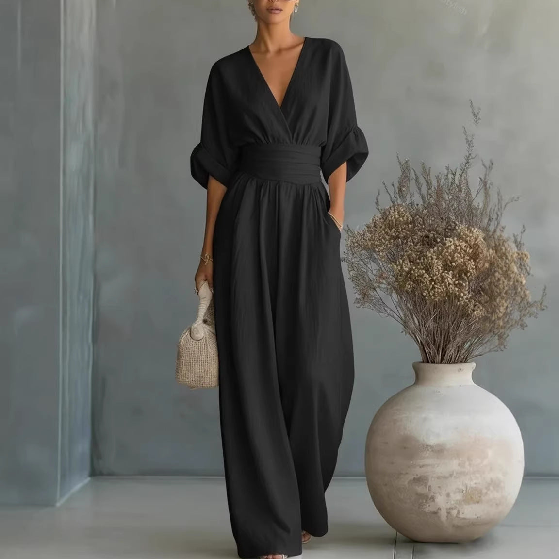 Waist-cinching V-neck Elegant Womens Jumpsuit