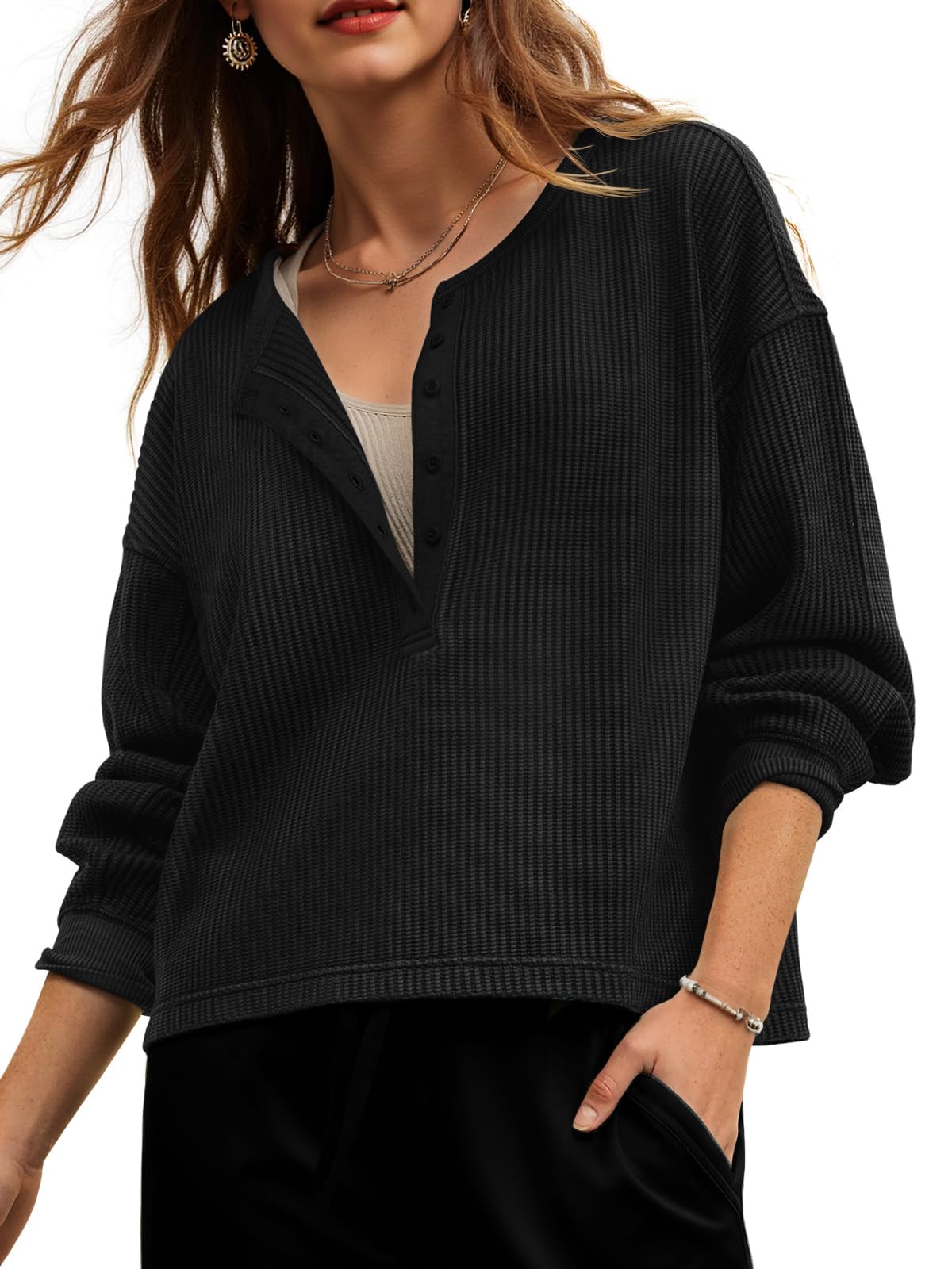 Fisoew Womens Cropped Sweatshirt Casual Waffle Knit Button V Neck Long Sleeve Loose Fit Fall Crop Tops