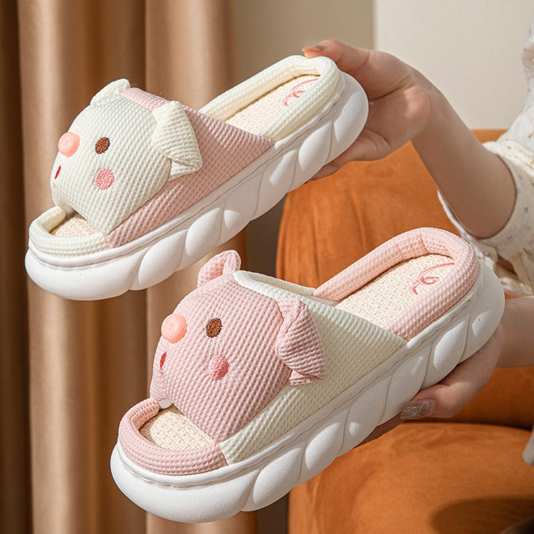 Cute Piggy Slippers Open Toe Linen Home Slipper Couples Women Men Cartoon Pig House Shoes