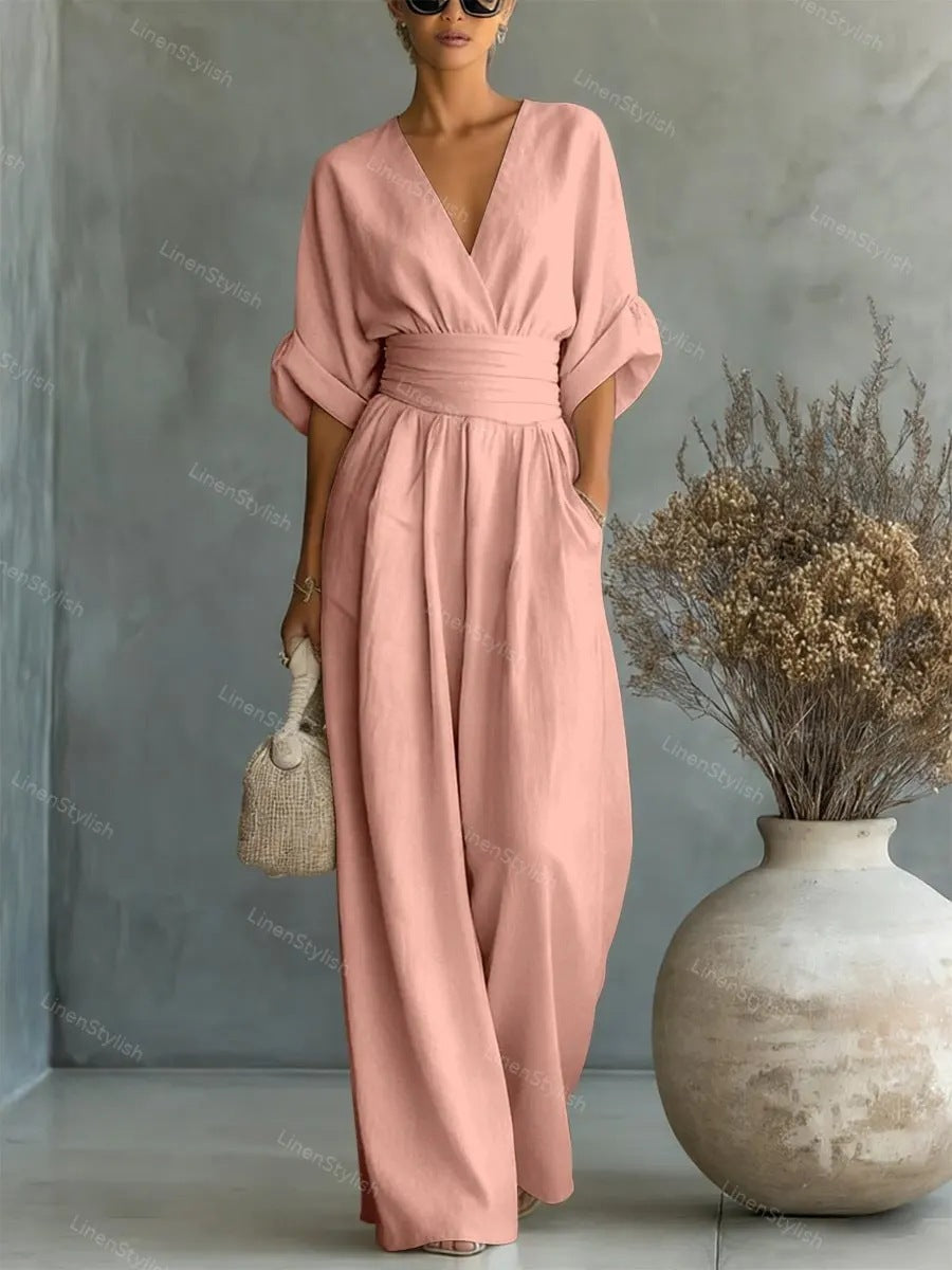 Waist-cinching V-neck Elegant Womens Jumpsuit