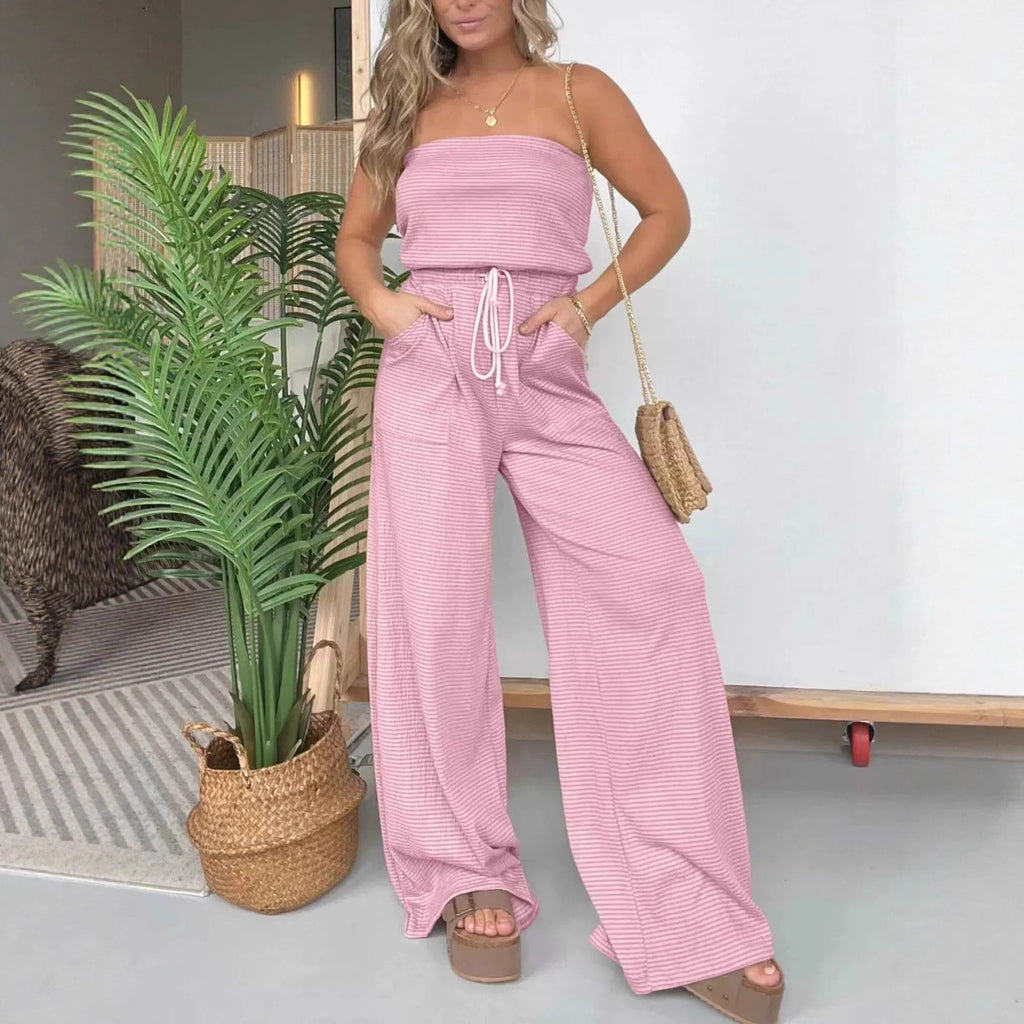 Womens Striped Tube Top Wide-Leg Jumpsuit