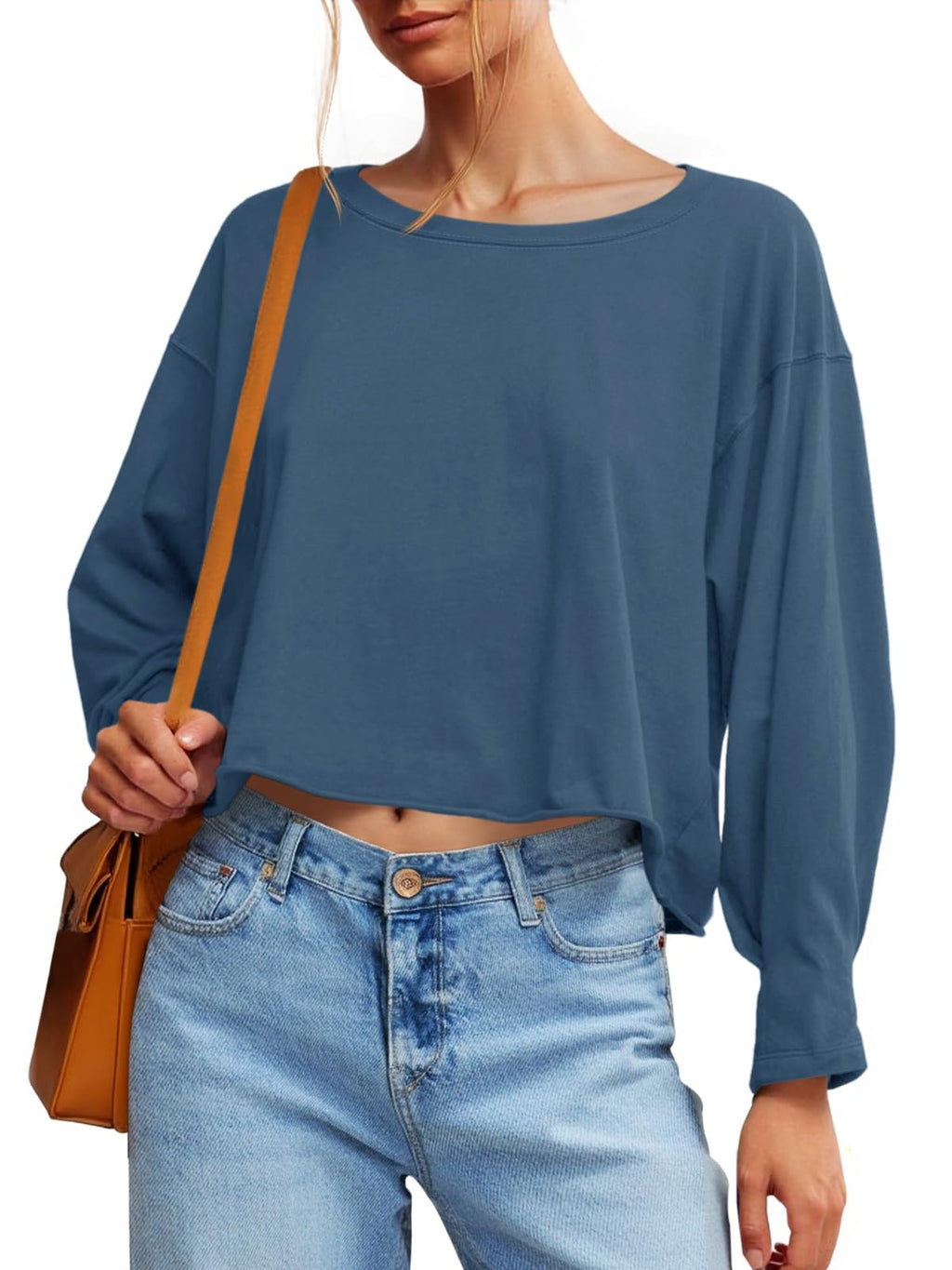 Fisoew Womens Long Sleeve Crop Tops Loose Fit Crew Neck Cropped T Shirts 2025 Casual Workout Tee Shirt Tops