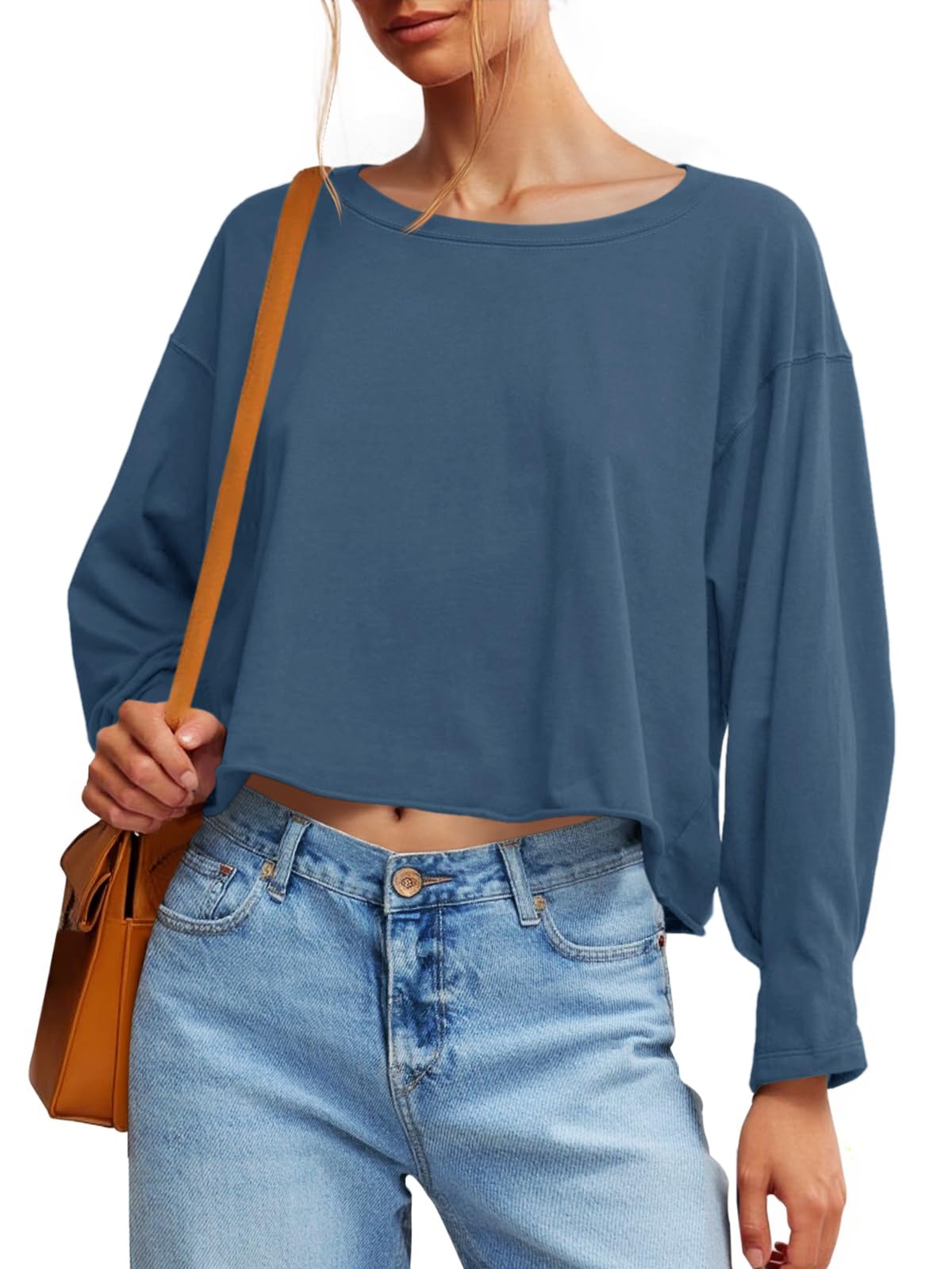 Fisoew Womens Long Sleeve Crop Tops Loose Fit Crew Neck Cropped T Shirts 2025 Casual Workout Tee Shirt Tops