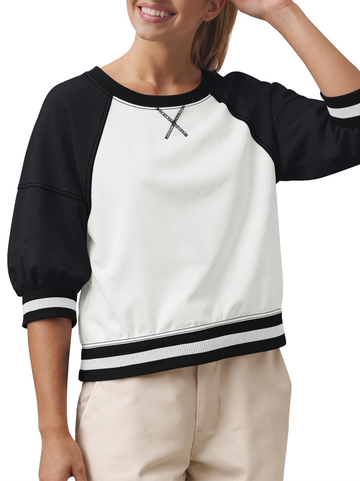 Fisoew Womens Crewneck Sweatshirt Ribbed Raglan Half Sleeve Pullover Tops Color Block Loose Fit Sweatshirts