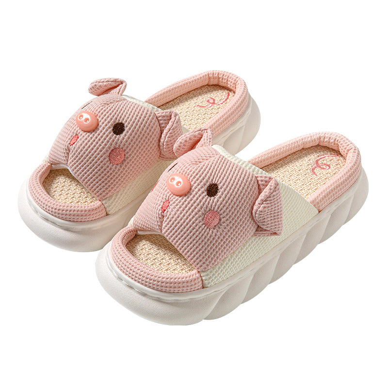 Cute Piggy Slippers Open Toe Linen Home Slipper Couples Women Men Cartoon Pig House Shoes