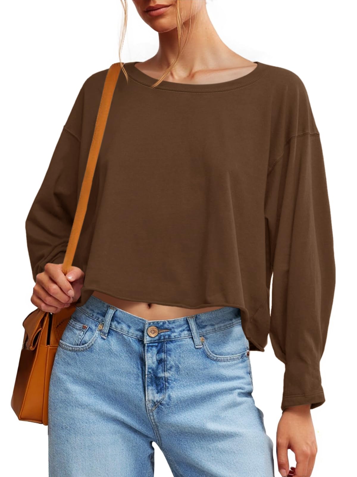 Fisoew Womens Long Sleeve Crop Tops Loose Fit Crew Neck Cropped T Shirts 2025 Casual Workout Tee Shirt Tops