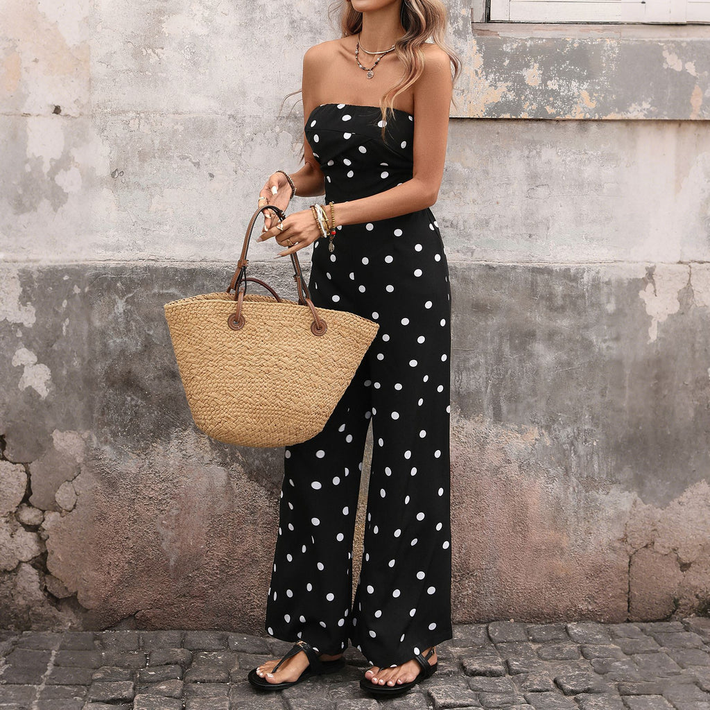 Womens Fashionable Retro Polka-Dot Sleeveless Jumpsuit