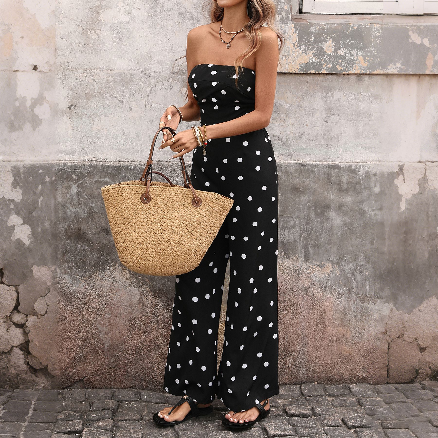 Womens Fashionable Retro Polka-Dot Sleeveless Jumpsuit