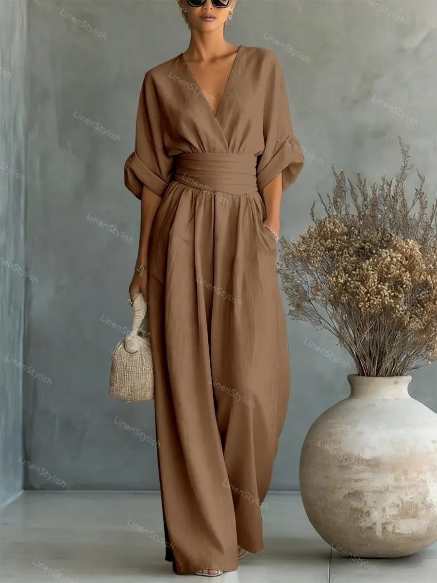Waist-cinching V-neck Elegant Womens Jumpsuit