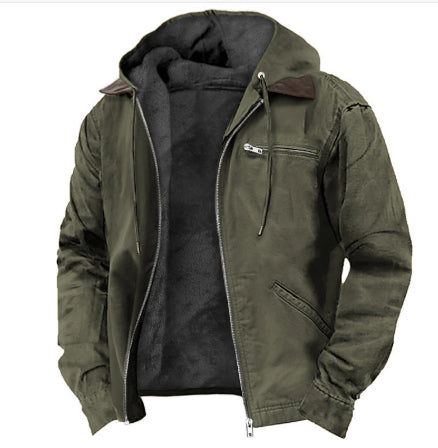Winter Hooded Coat With Pockets Fashion Warm Fleece Zip-up Jacket Casual Outwear Men's Clothing