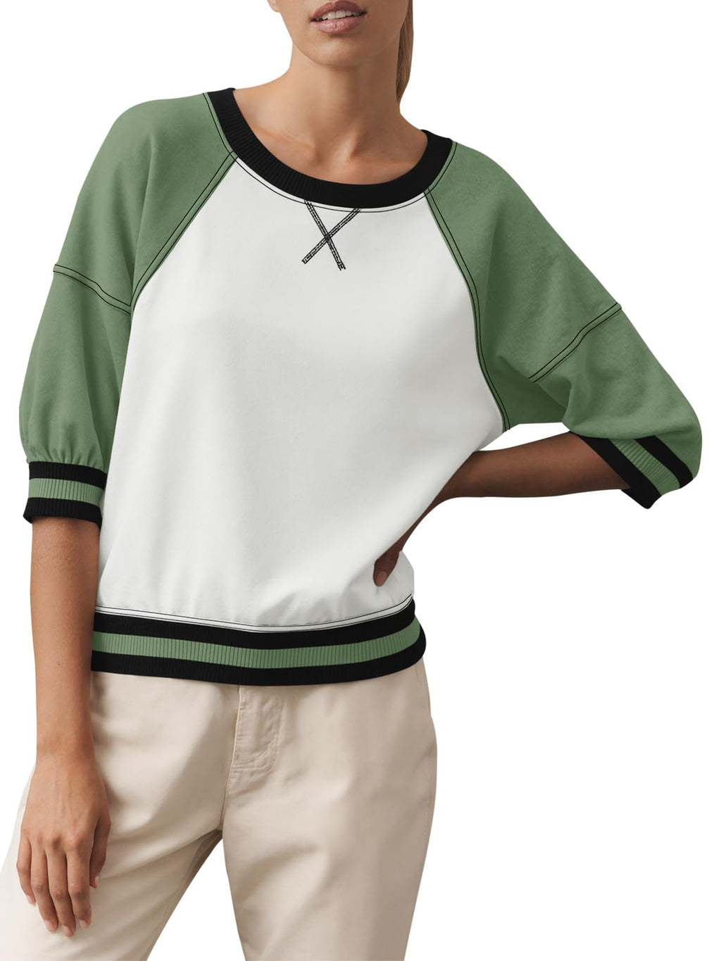 Fisoew Womens Crewneck Sweatshirt Ribbed Raglan Half Sleeve Pullover Tops Color Block Loose Fit Sweatshirts