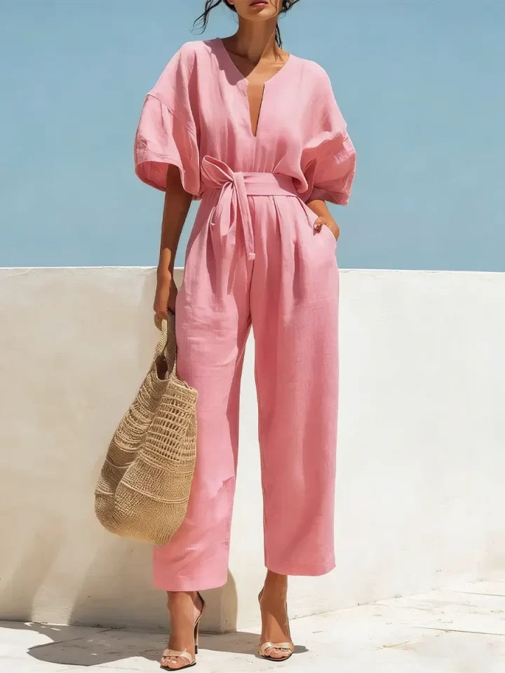 Fashionable V-Neck Solid Color Cotton-Linen Jumpsuit For Women