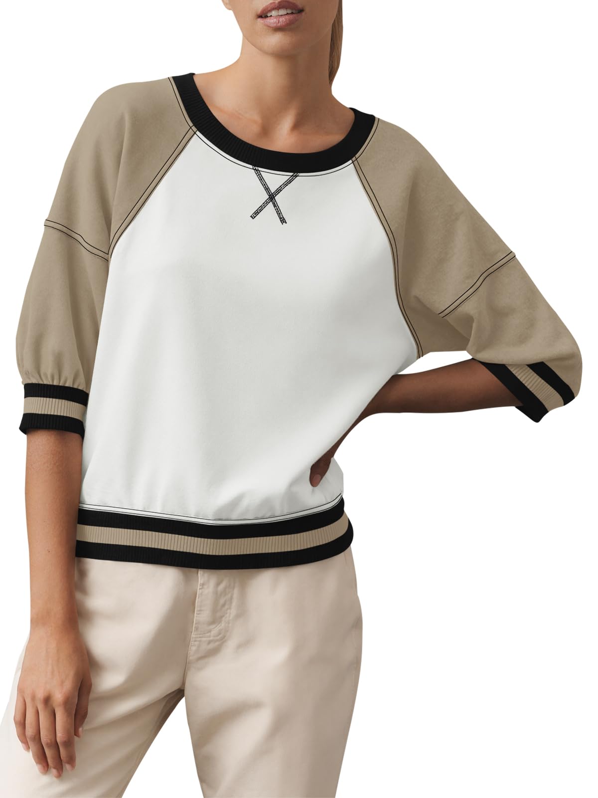 Fisoew Womens Crewneck Sweatshirt Ribbed Raglan Half Sleeve Pullover Tops Color Block Loose Fit Sweatshirts