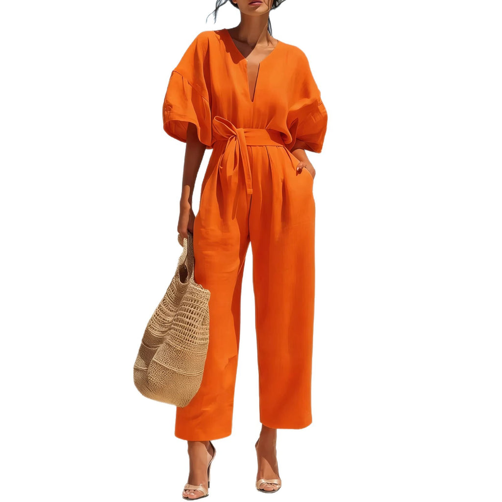 Fashionable V-Neck Solid Color Cotton-Linen Jumpsuit For Women