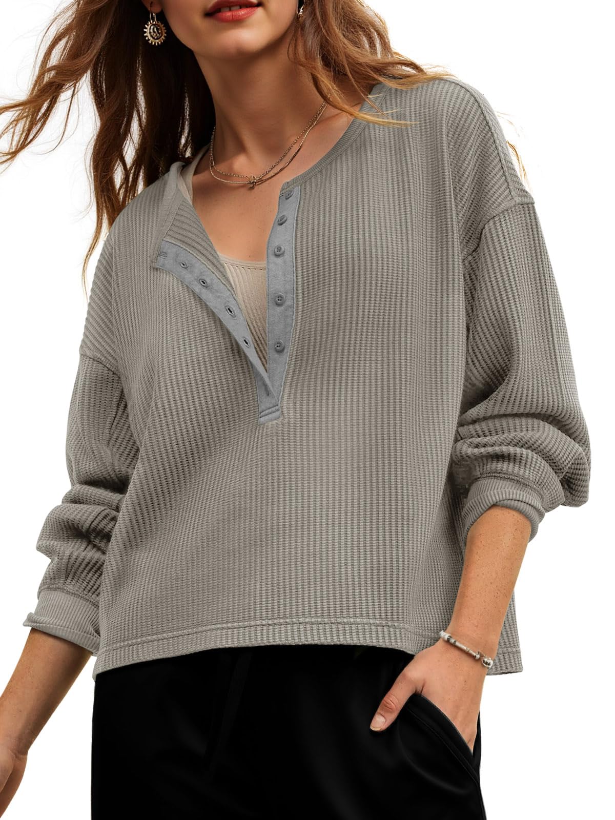 Fisoew Womens Cropped Sweatshirt Casual Waffle Knit Button V Neck Long Sleeve Loose Fit Fall Crop Tops