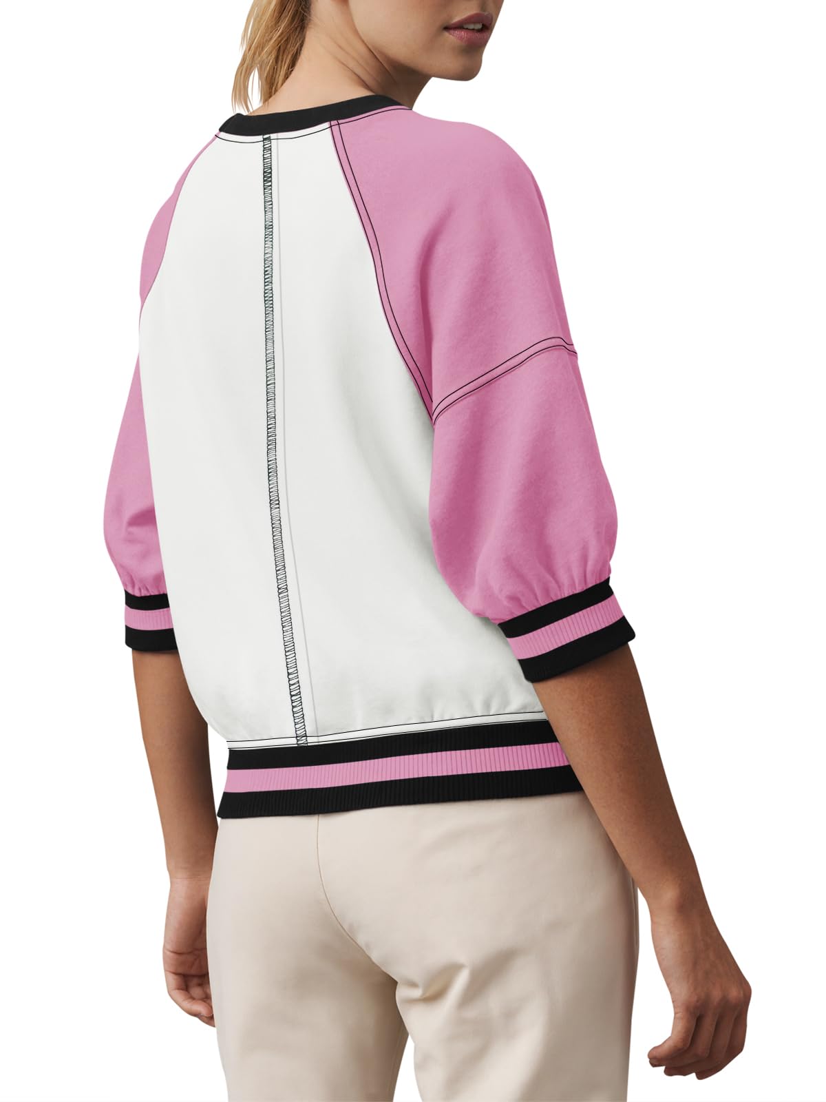 Fisoew Womens Crewneck Sweatshirt Ribbed Raglan Half Sleeve Pullover Tops Color Block Loose Fit Sweatshirts