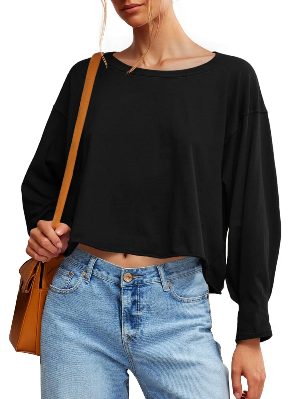 Fisoew Womens Long Sleeve Crop Tops Loose Fit Crew Neck Cropped T Shirts 2025 Casual Workout Tee Shirt Tops