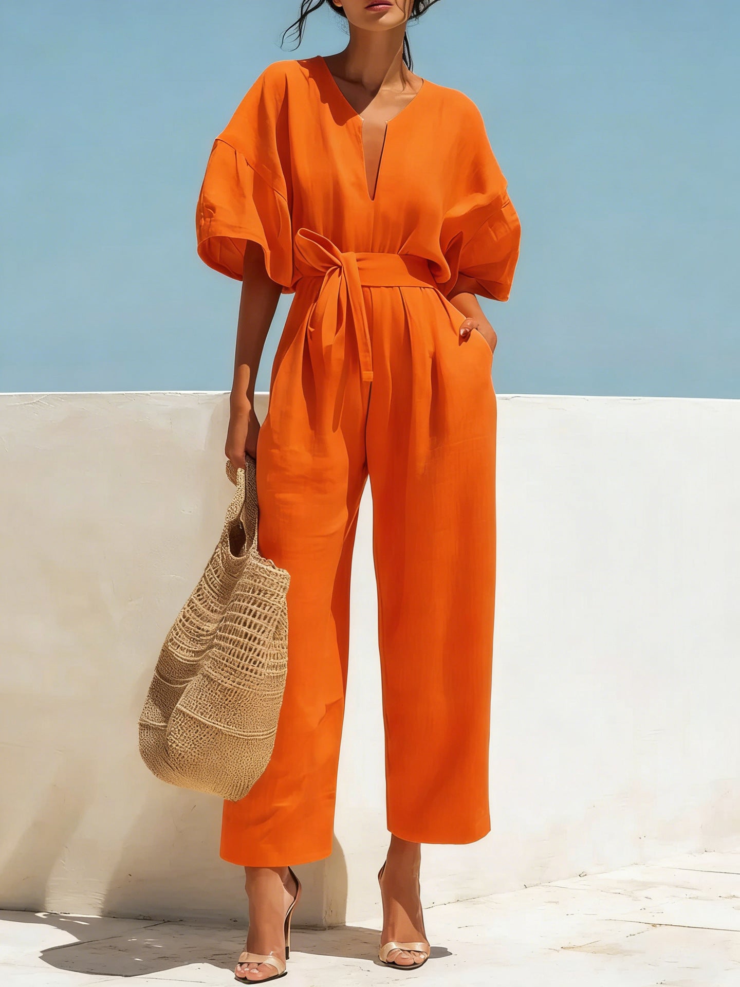 Fashionable V-Neck Solid Color Cotton-Linen Jumpsuit For Women
