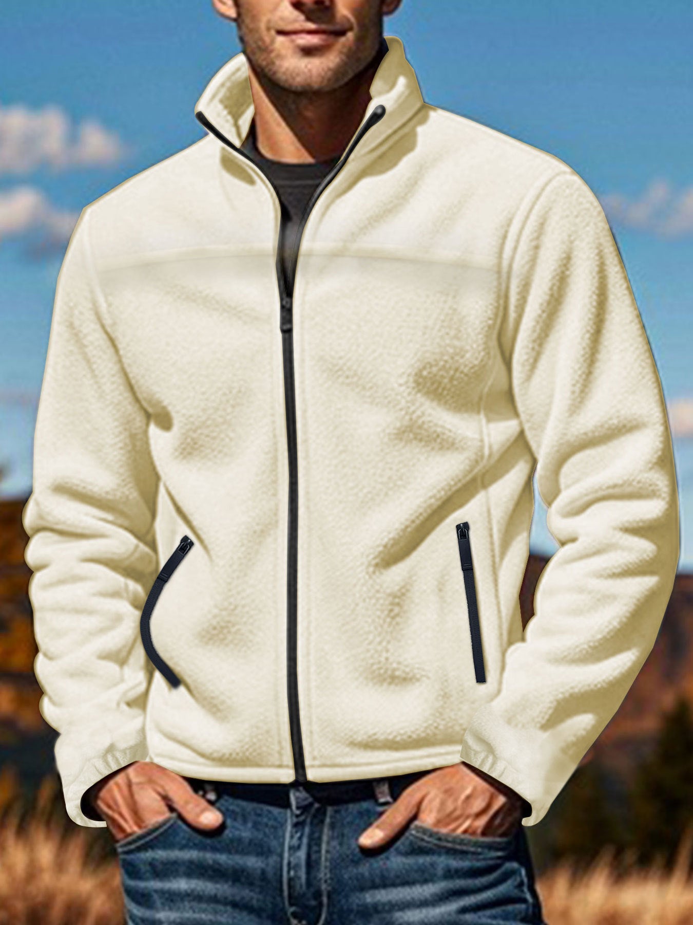 Men's Polar Fleece Jacket Outdoor Zipped Stand Collar Coat