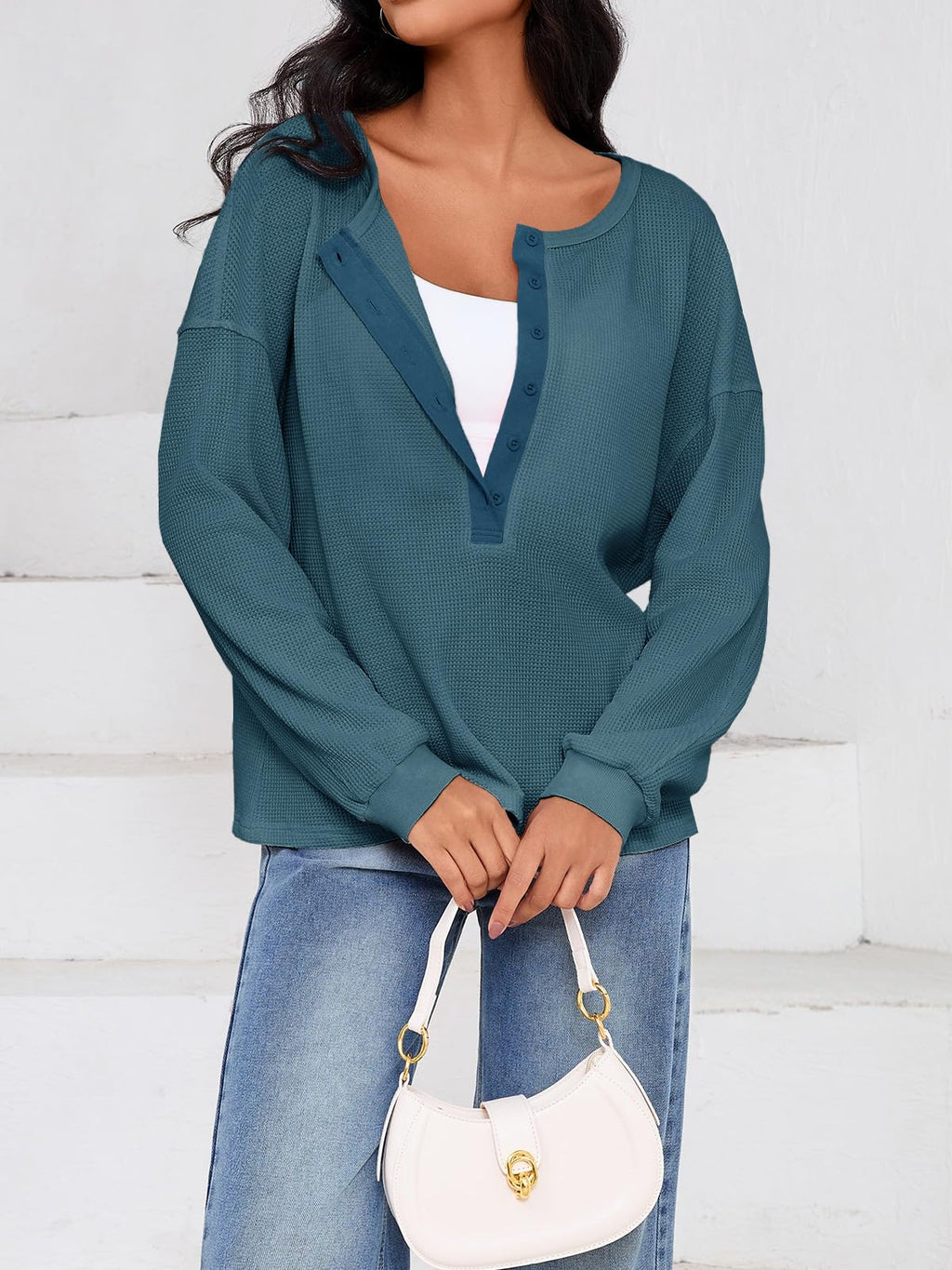 Fisoew Womens Cropped Sweatshirt Casual Waffle Knit Button V Neck Long Sleeve Loose Fit Fall Crop Tops