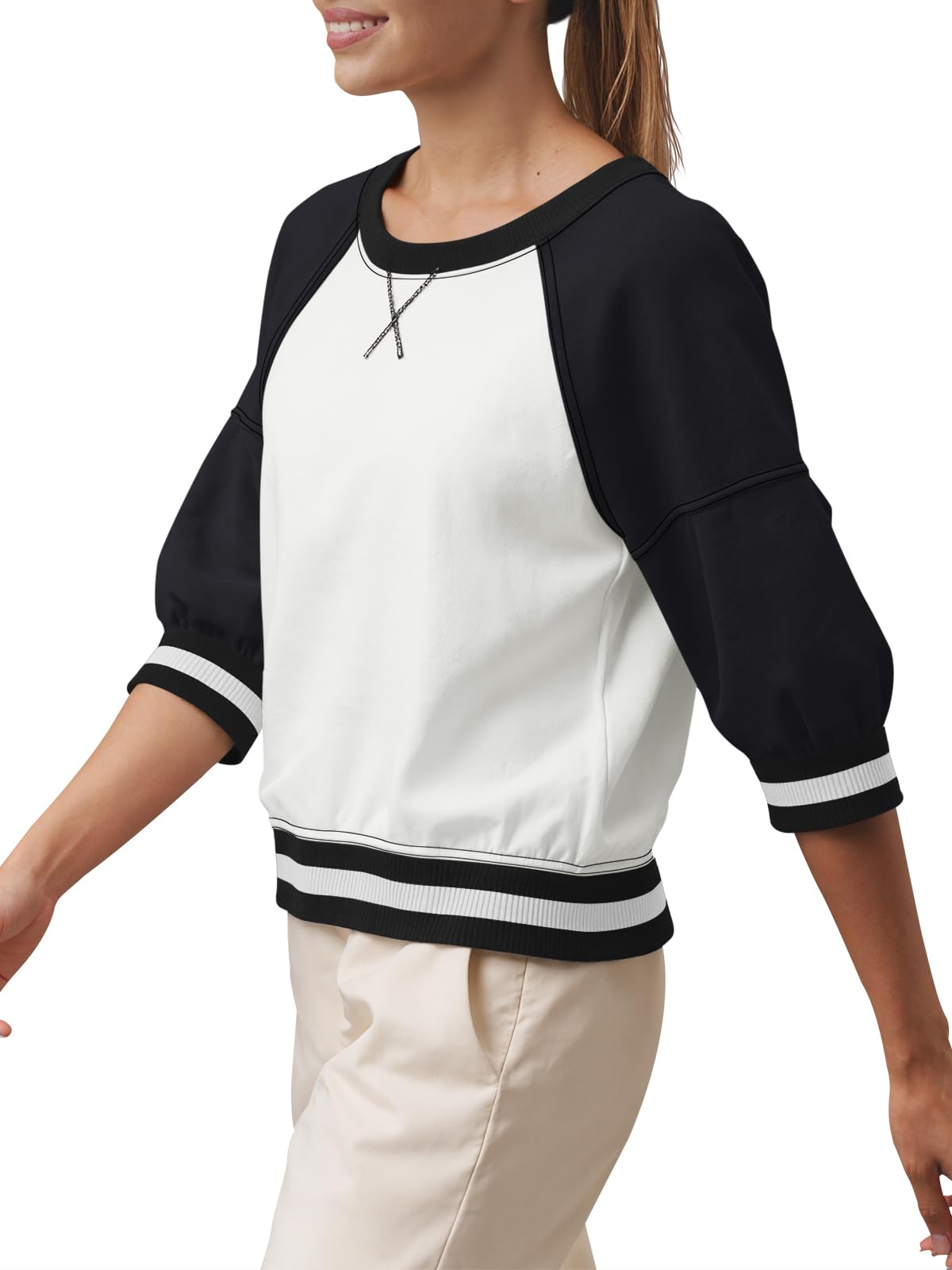 Fisoew Womens Crewneck Sweatshirt Ribbed Raglan Half Sleeve Pullover Tops Color Block Loose Fit Sweatshirts