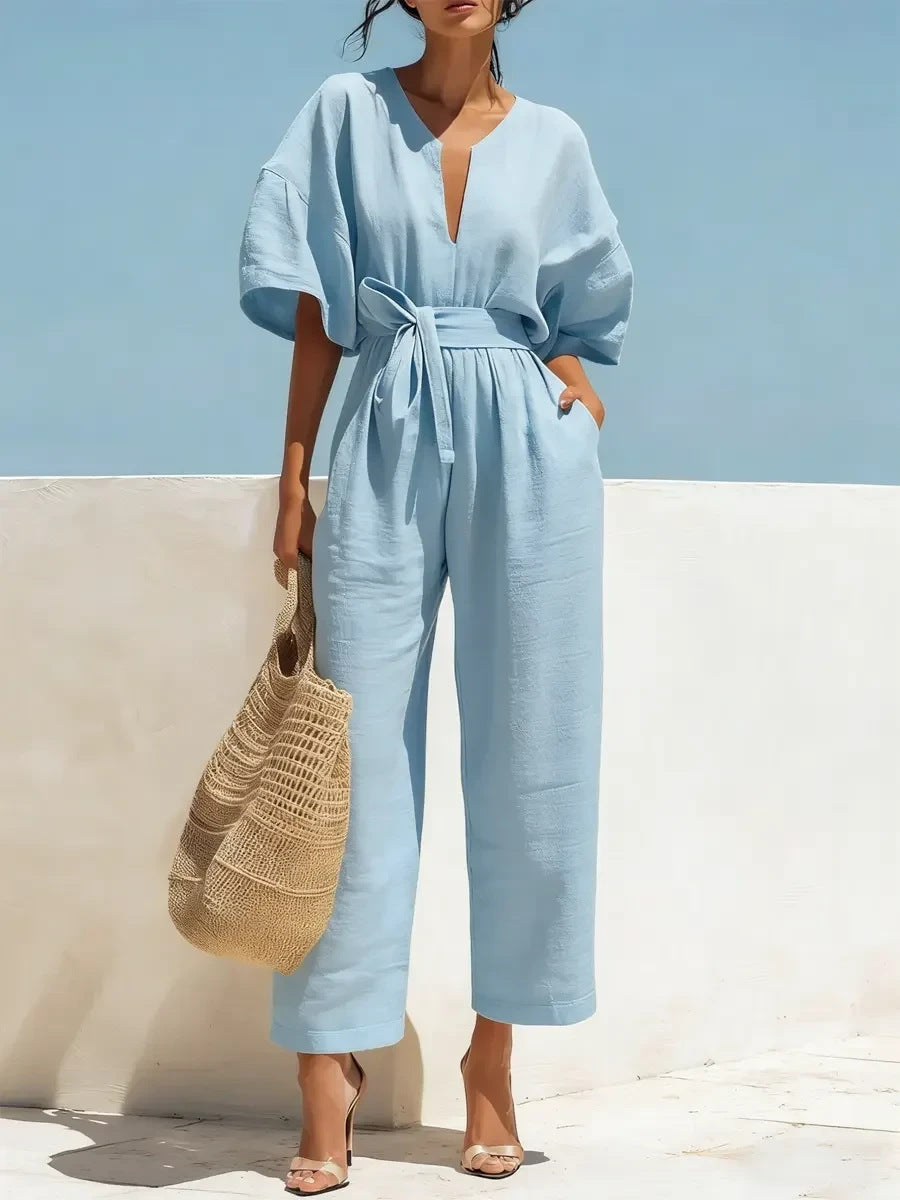 Fashionable V-Neck Solid Color Cotton-Linen Jumpsuit For Women