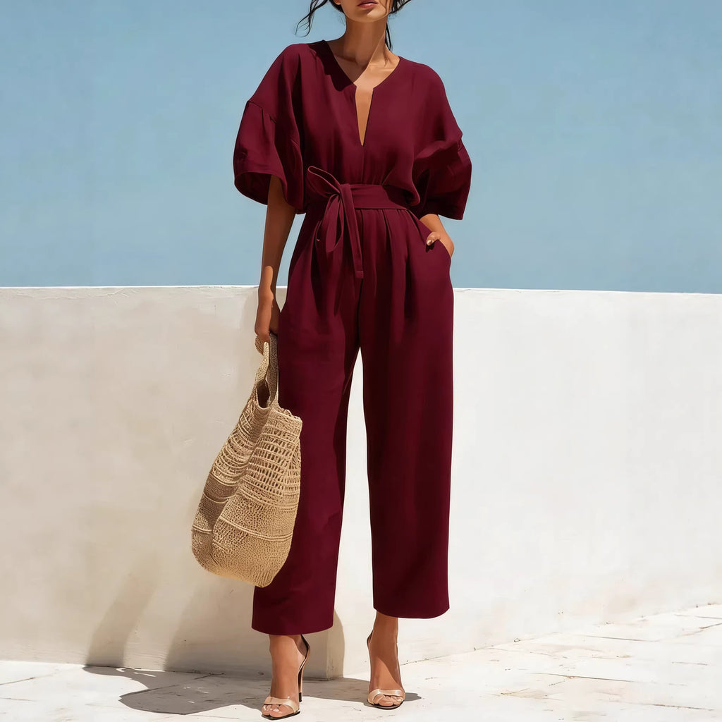 Fashionable V-Neck Solid Color Cotton-Linen Jumpsuit For Women