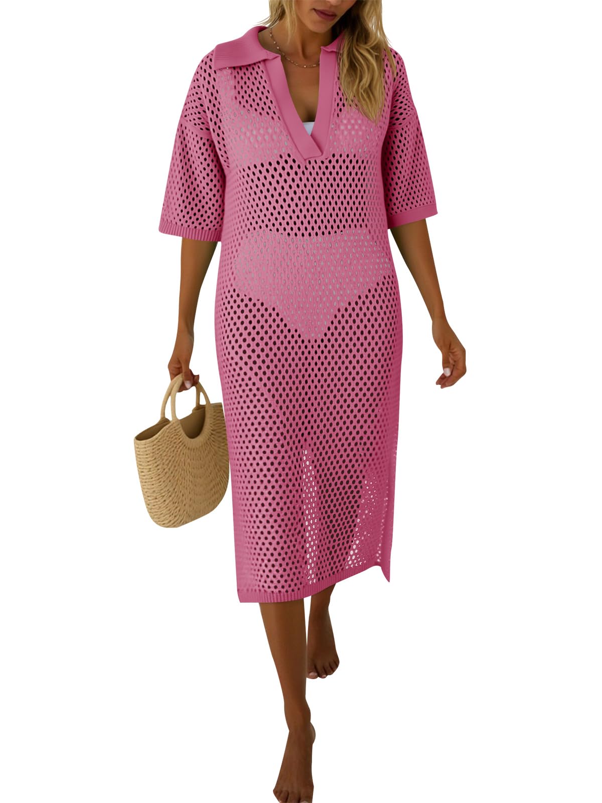 Fisoew Womens Crochet Swimsuit Coverup Summer Hollow Out Short Sleeve V Neck Bikini Coverups Vacation Beach Maxi Dress