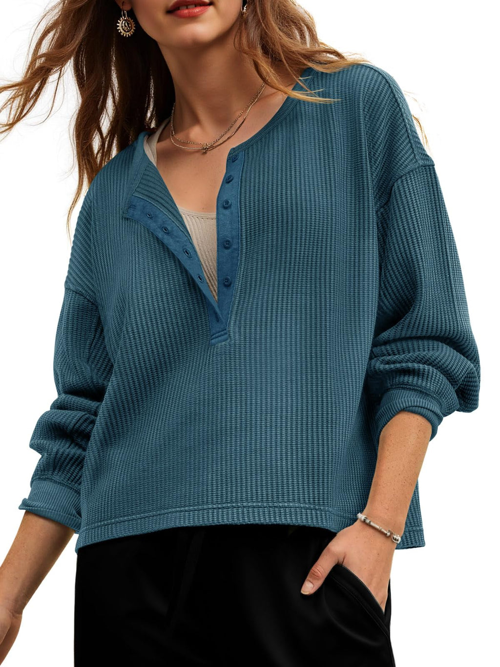 Fisoew Womens Cropped Sweatshirt Casual Waffle Knit Button V Neck Long Sleeve Loose Fit Fall Crop Tops