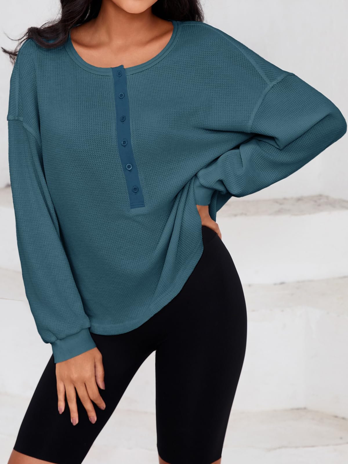 Fisoew Womens Cropped Sweatshirt Casual Waffle Knit Button V Neck Long Sleeve Loose Fit Fall Crop Tops