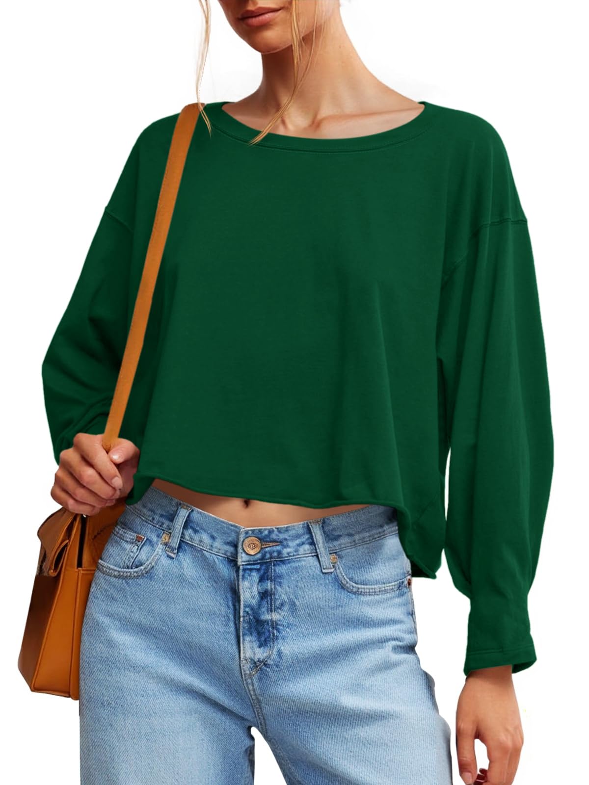 Fisoew Womens Long Sleeve Crop Tops Loose Fit Crew Neck Cropped T Shirts 2025 Casual Workout Tee Shirt Tops