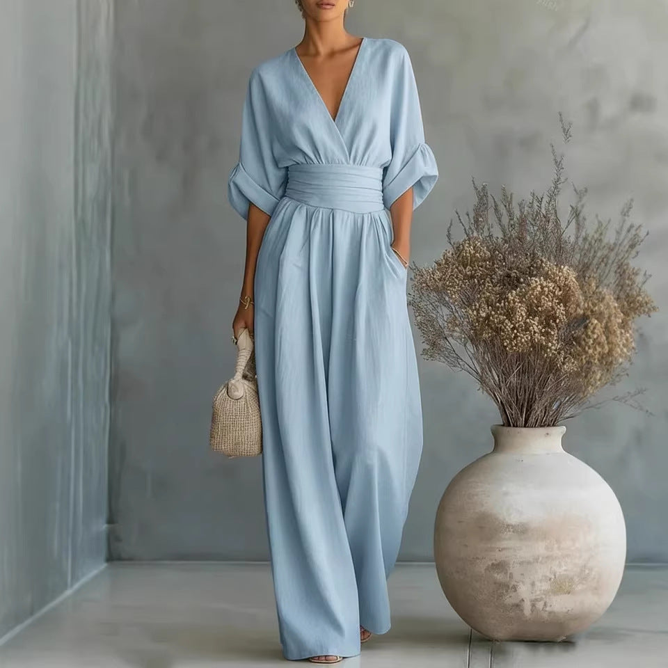 Waist-cinching V-neck Elegant Womens Jumpsuit
