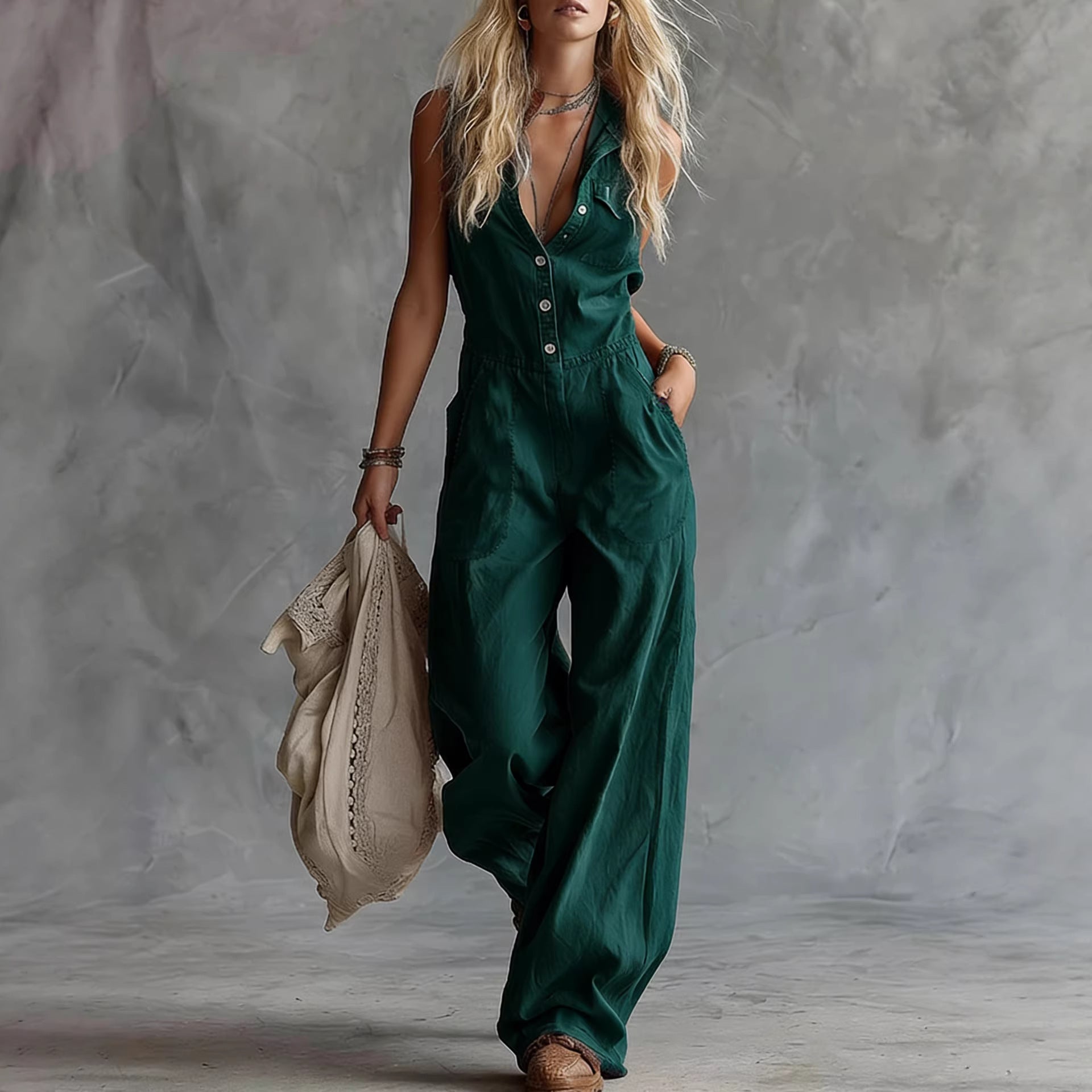 Womens Solid-Color Casual Fashion V-Neck Front-Button Sleeveless Jumpsuit